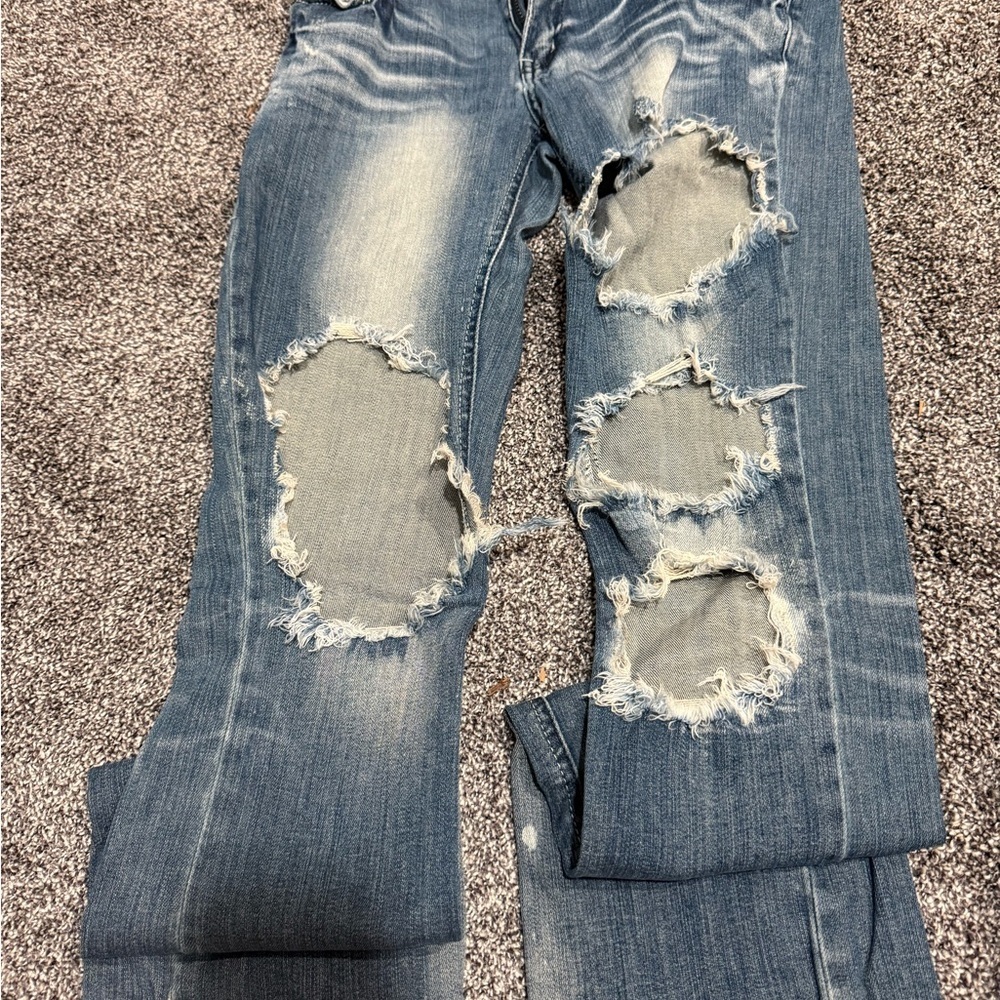 Trendy Blue Distressed Boot Cut Jeans